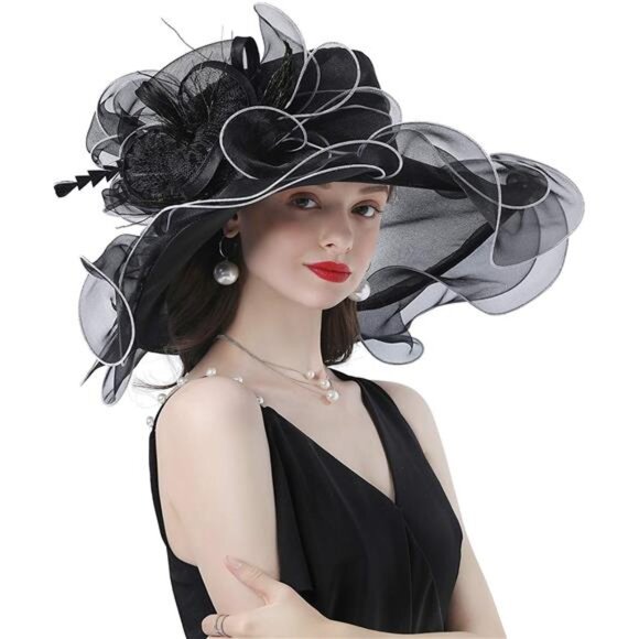Women Hat Wide Brim Tea Party Fascinator Black2